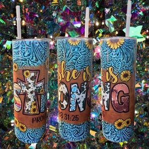 She Is Strong Cheetah Tumbler With Lid & Plastic Straw, 20oz Stainless Steel